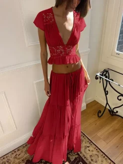Ensemble jupe de vacances maxi en dentelle manches courtes col en V vert avocat chic