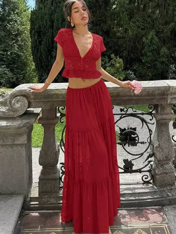 Ensemble jupe de vacances maxi en dentelle manches courtes col en V vert avocat chic