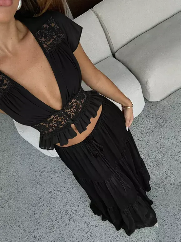 Ensemble jupe de vacances maxi en dentelle manches courtes col en V vert avocat chic