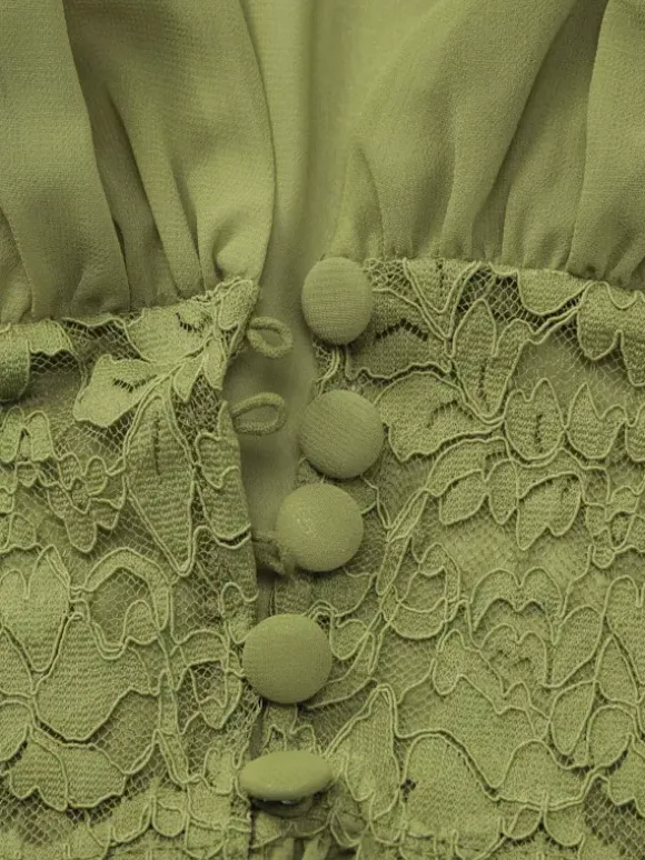 Ensemble jupe de vacances maxi en dentelle manches courtes col en V vert avocat chic