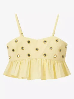 Ensemble jupe 2 pièces jaune élégante à bretelles et col plissé sans manches