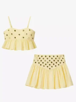 Ensemble jupe 2 pièces jaune élégante à bretelles et col plissé sans manches