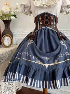 Ensemble Lolita classique chemisier blanc jupe bleue et corset trois pièces style steampunk