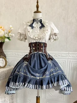 Ensemble Lolita classique chemisier blanc jupe bleue et corset trois pièces style steampunk