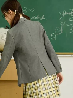 Ensemble Lolita d'uniforme scolaire japonais manteau chemise et jupe à carreaux gris à manches longues