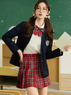 Ensemble Lolita d'uniforme scolaire japonais manteau chemise et jupe à carreaux gris à manches longues