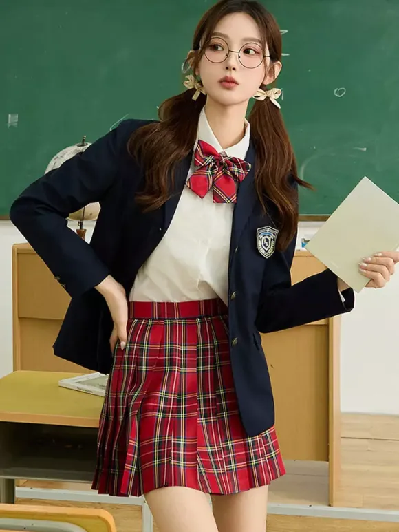 Ensemble Lolita d'uniforme scolaire japonais manteau chemise et jupe à carreaux gris à manches longues