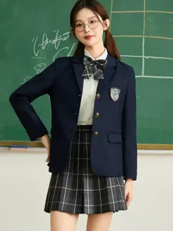 Ensemble Lolita d'uniforme scolaire japonais manteau chemise et jupe à carreaux gris à manches longues