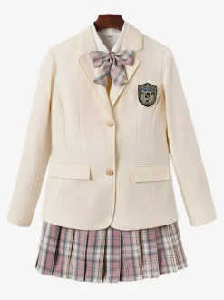 Ensemble Lolita JK d'uniforme scolaire japonais manteau chemise et jupe à carreaux abricot à manches longues