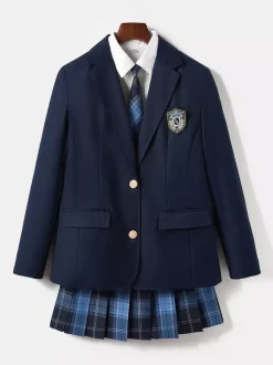 Ensemble Lolita JK d'uniforme scolaire japonais manteau chemise et jupe à carreaux abricot à manches longues