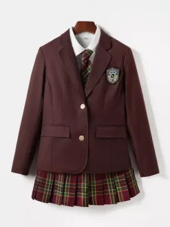 Ensemble Lolita JK d'uniforme scolaire japonais manteau chemise et jupe à carreaux abricot à manches longues