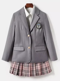 Ensemble Lolita JK d'uniforme scolaire japonais manteau chemise et jupe à carreaux abricot à manches longues