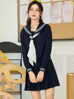Ensemble Lolita JK d'uniforme scolaire japonais : T-shirt marin à manches longues bleu marine foncé et jupe courte