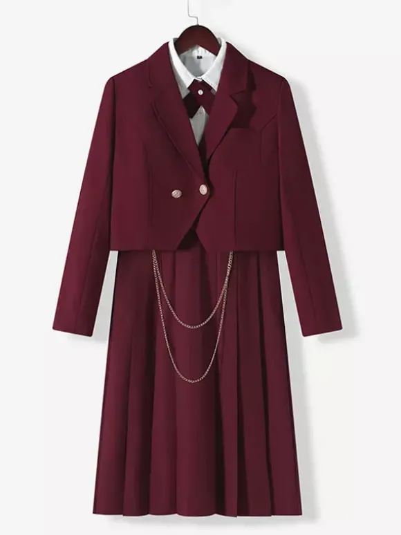 Ensemble Lolita JK d'uniforme scolaire japonais composé d'un manteau d'une chemise et d'une jupe à manches longues avec chaînes noires.
