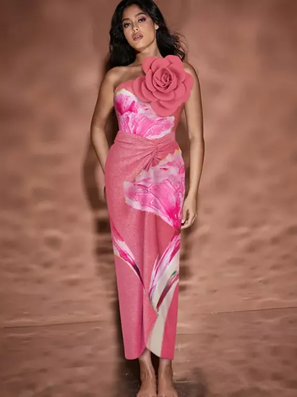 Ensemble maillot de bain deux pièces à imprimé floral pour femme - Monokini 3D à fleurs avec jupe paréo maxi - Collection été 2026