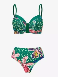 Ensemble maillot de bain et cache-maillot vert sexy à lacets et dos nu imprimé floral