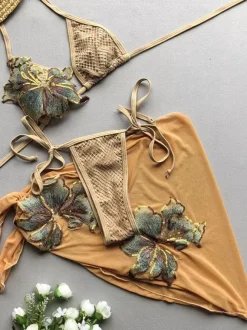 Ensemble maillot de bain et cache-maillot marron sexy à lacets et dos nu imprimé floral