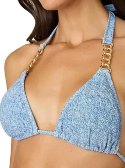 Ensemble maillot de bain et paréo bleu sexy à lacets dos nu et décolleté licou