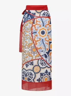 Ensemble maillot de bain et paréo rouge sexy à lacets dos nu imprimé floral et col en V