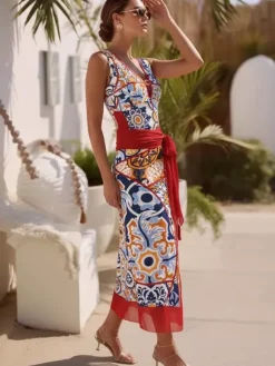 Ensemble maillot de bain et paréo rouge sexy à lacets dos nu imprimé floral et col en V