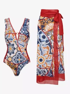 Ensemble maillot de bain et paréo rouge sexy à lacets dos nu imprimé floral et col en V