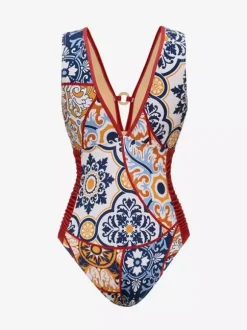 Ensemble maillot de bain et paréo rouge sexy à lacets dos nu imprimé floral et col en V