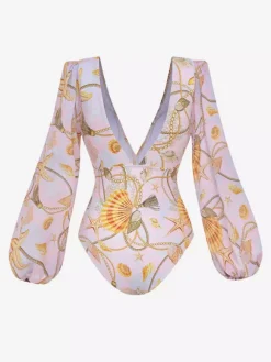 Ensemble maillot de bain jaune sexy drapé à col en V manches longues bouffantes