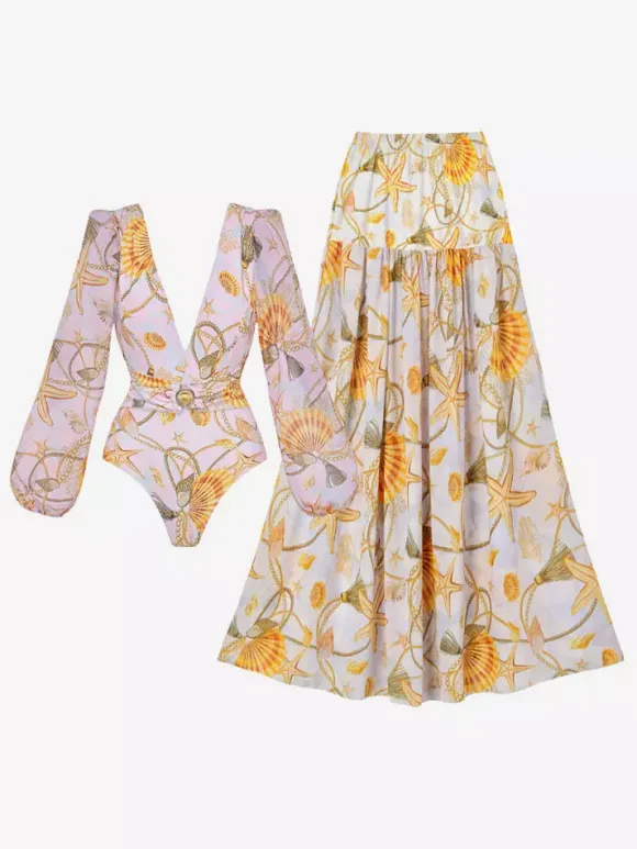 Ensemble maillot de bain jaune sexy drapé à col en V manches longues bouffantes