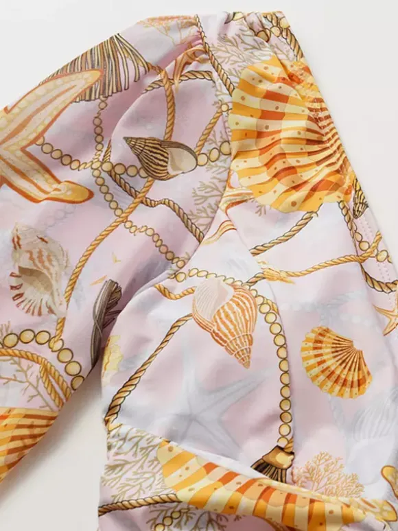 Ensemble maillot de bain jaune sexy drapé à col en V manches longues bouffantes