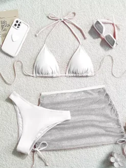 Ensemble maillot de bain 3 pièces simple bikini et mini-jupe transparente pour l'été 2026