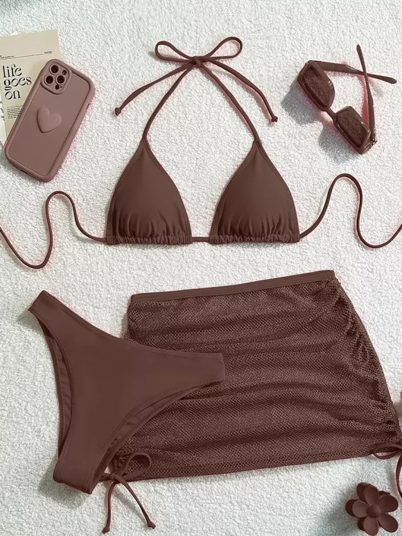 Ensemble maillot de bain 3 pièces simple bikini et mini-jupe transparente pour l'été 2026