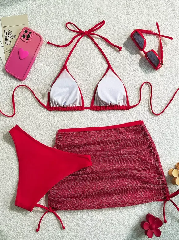 Ensemble maillot de bain 3 pièces simple bikini et mini-jupe transparente pour l'été 2026