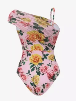 Ensemble maillot de bain rose sexy à imprimé floral asymétrique et décolleté asymétrique