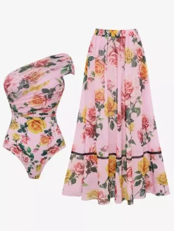 Ensemble maillot de bain rose sexy à imprimé floral asymétrique et décolleté asymétrique