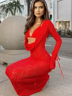 Ensemble maillot de bain rouge sexy en dentelle ajourée décolleté en V manches longues cache-maillot soutien-gorge dos nageur