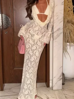Ensemble maillot de bain rouge sexy en dentelle ajourée décolleté en V manches longues cache-maillot soutien-gorge dos nageur