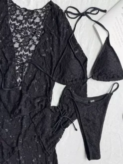 Ensemble maillot de bain rouge sexy en dentelle ajourée décolleté en V manches longues cache-maillot soutien-gorge dos nageur