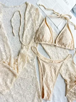 Ensemble maillot de bain rouge sexy en dentelle ajourée décolleté en V manches longues cache-maillot soutien-gorge dos nageur
