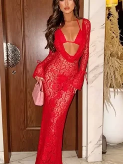 Ensemble maillot de bain rouge sexy en dentelle ajourée décolleté en V manches longues cache-maillot soutien-gorge dos nageur