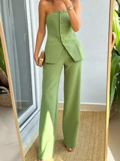 Ensemble Pantalon Noir Chic Quotidien Décontracté Boutons Polyester