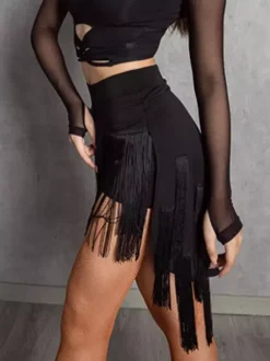 Ensemble 2 pièces de danse latine pour femmes haut transparent à manches longues et jupe à pompons jupe de salsa et de tango