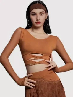 Ensemble 2 pièces de danse latine pour femmes haut transparent à manches longues et jupe à pompons jupe de salsa et de tango