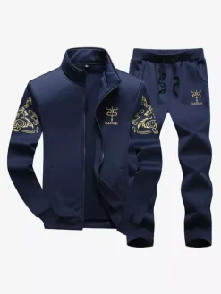 Ensemble 2 pièces de vêtements de sport pour hommes à manches longues et à col bijou tenue de sport bleu marine foncé