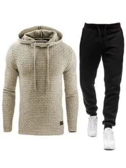 Ensemble 2 pièces de vêtements de sport pour hommes manches longues à capuche gris clair tenue de sport