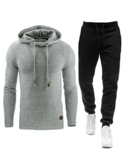 Ensemble 2 pièces de vêtements de sport pour hommes manches longues à capuche gris clair tenue de sport
