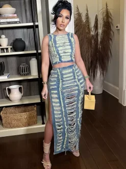 Ensemble 2 pièces en denim délavé pour femme - Jupe longue fendue déchirée style vintage et crop top - Tenue de festival d'été 2026