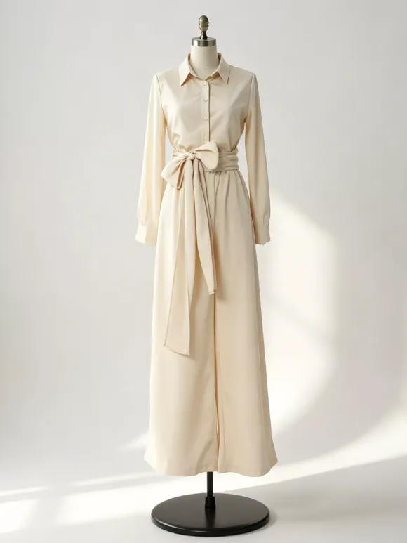 Ensemble 2 pièces en lin et coton pour femme - Chemise élégante à manches longues et ceinture et pantalon large - Style été 2026