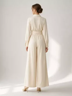 Ensemble 2 pièces en lin et coton pour femme - Chemise élégante à manches longues et ceinture et pantalon large - Style été 2026