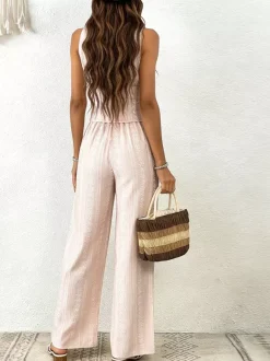 Ensemble 2 pièces : pantalon bleu ciel clair élégant style urbain haut à lacets et col en V sans manches.
