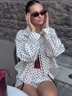 Ensemble 2 pièces à pois pour femme - Veste courte décontractée et short - Collection streetwear printemps 2026